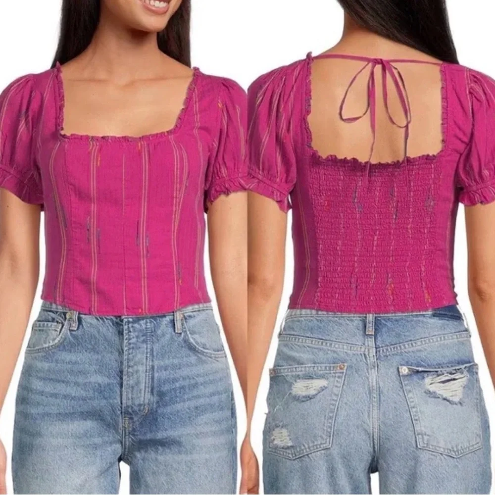 Free People Serotonin Corset Smocked Puff Sleeve Pink